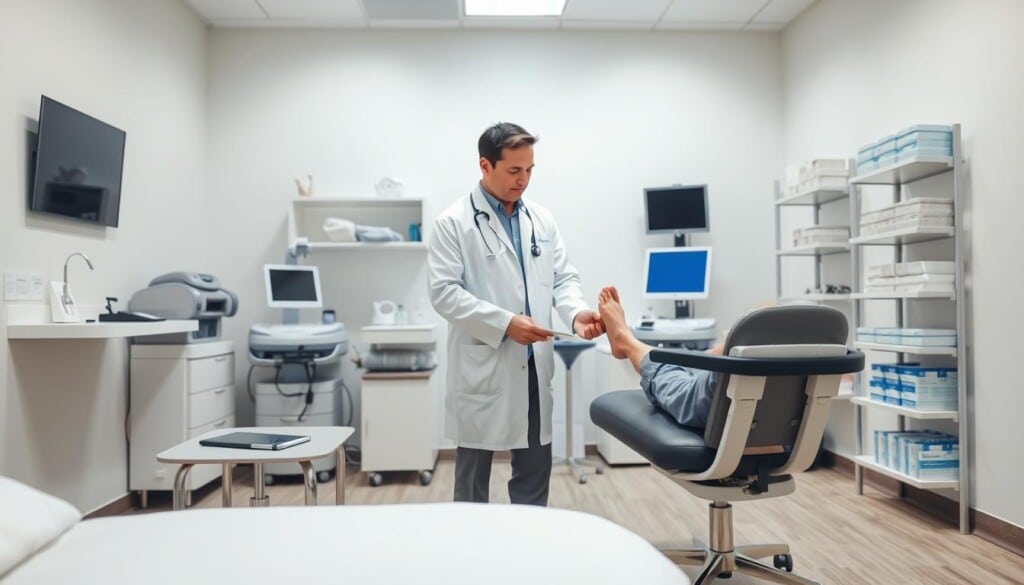 A well-lit, modern podiatrist's examination room. In the foreground, a comfortable examination chair with clean white sheets and a small side table holding medical instruments. The middle ground features a podiatrist in a white coat, examining a patient's foot with a professional, attentive expression. Soft, diffused lighting from above creates a calming, clinical atmosphere. The background showcases state-of-the-art medical equipment and shelves of neatly organized supplies, conveying a sense of medical expertise and care.