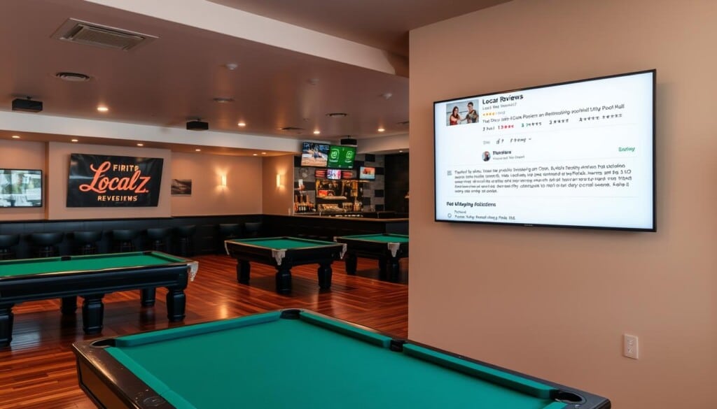 A well-lit, modern pool hall interior with hardwood floors, billiard tables, and a warm, inviting atmosphere. On the far wall, a large flat-screen TV displays a LocalZ reviews page for the establishment, showcasing 4.5-star ratings, positive customer feedback, and details about the venue's amenities and service. The image captures the importance of reviews in helping patrons make informed decisions when choosing a premier pool hall destination.