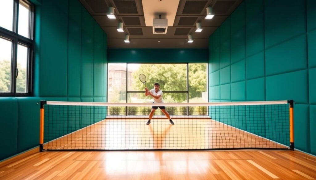A well-lit, modern squash court with gleaming hardwood floors and bright, focused lighting. Padded walls in a vibrant color scheme like deep greens and blues, creating a sense of energy and dynamism. The court is framed by large windows, allowing natural light to pour in and highlight the sleek, streamlined architecture. In the foreground, a regulation-size squash net is stretched taut, inviting players to engage in a spirited match. The mid-ground features a pair of squash players, their bodies in motion as they lunging and swinging their rackets, their expressions intense with concentration. The background showcases a view of the exterior, perhaps a lush, verdant landscape or a bustling urban setting, hinting at the accessibility and convenience of this local squash facility.