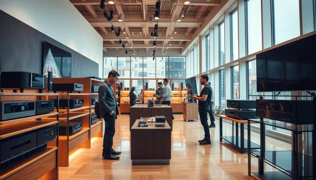 A well-lit, modern stereo store showcasing a premium shopping experience. In the foreground, a customer examines high-end audio equipment on display, with warm lighting highlighting the sleek, minimalist design. The middle ground features knowledgeable staff assisting customers, creating a personalized and attentive atmosphere. In the background, the store's spacious layout is accentuated by large windows, allowing natural light to flood the space and create a sense of openness and sophistication. The overall scene conveys a premium, immersive shopping experience that caters to the discerning audio enthusiast.