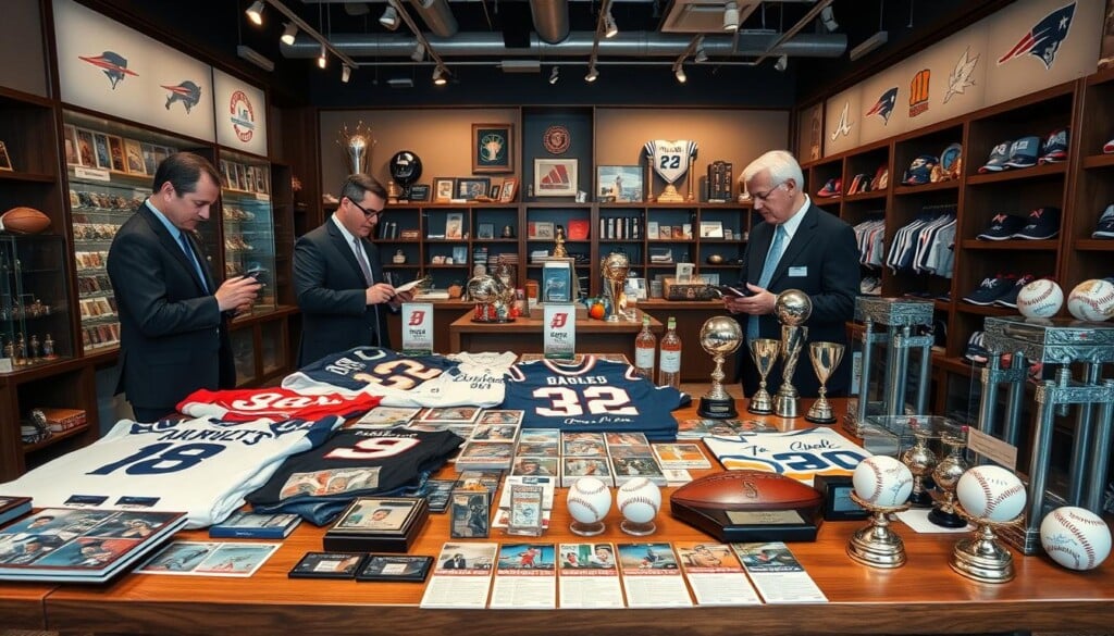 A well-lit, modern store interior showcasing an array of sports memorabilia and collectibles. Prominently displayed on a wooden table are various jerseys, trading cards, autographed baseballs, and trophies, all expertly arranged for appraisal. The store's staff, dressed in professional attire, engage with customers, providing detailed information about the items' history and estimated value. The overall atmosphere is one of expertise, authenticity, and a passion for preserving sports heritage. Warm lighting casts a welcoming glow, and the background features shelves stocked with additional collectibles, creating a visually rich and immersive experience for sports enthusiasts.