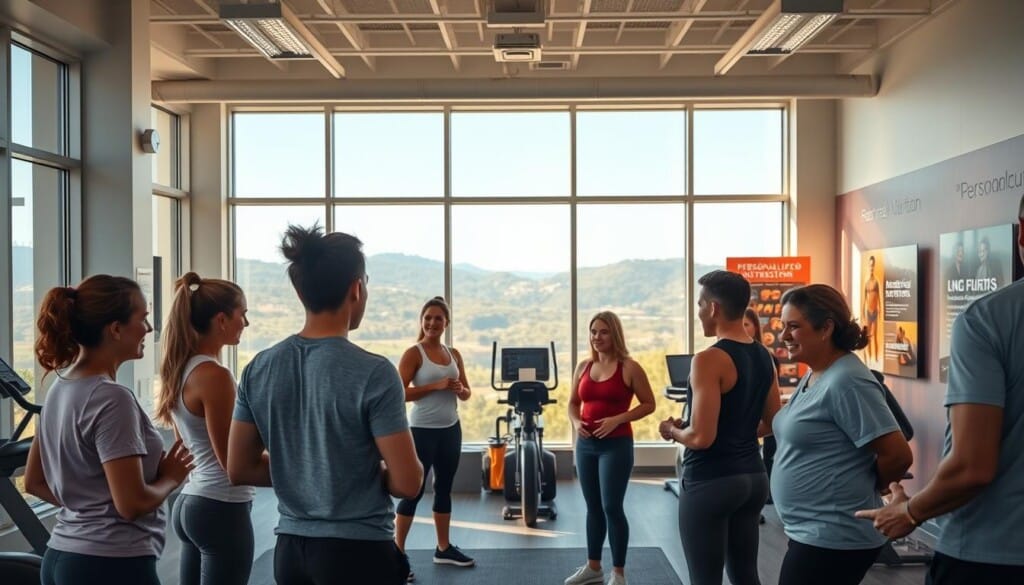 A well-lit, modern weight loss center interior, with a warm and inviting atmosphere. In the foreground, a group of diverse individuals engaging in a motivational group session, demonstrating accountability and camaraderie. The middle ground features state-of-the-art exercise equipment and personalized nutrition displays, highlighting the comprehensive services offered. The background showcases large windows overlooking a scenic outdoor landscape, creating a sense of openness and inspiration. The lighting is soft and natural, creating a calming, yet energizing ambiance that encourages personal growth and transformation.