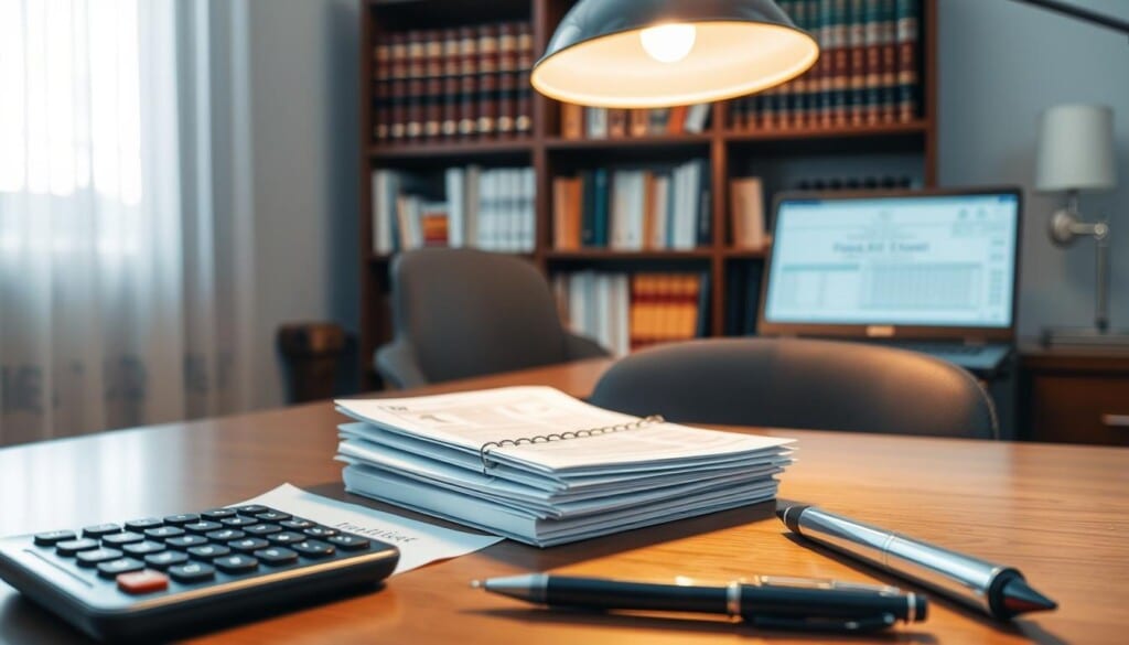 A well-lit office desk with an overhead lamp casting a warm, focused glow. On the desk, a calculator, a stack of financial documents, a pen, and a laptop displaying a spreadsheet. In the background, a bookshelf filled with legal books and a framed certificate, conveying an atmosphere of professionalism and attention to detail. The overall scene suggests a thoughtful, methodical approach to managing fees and costs, crucial for providing exceptional legal services.
