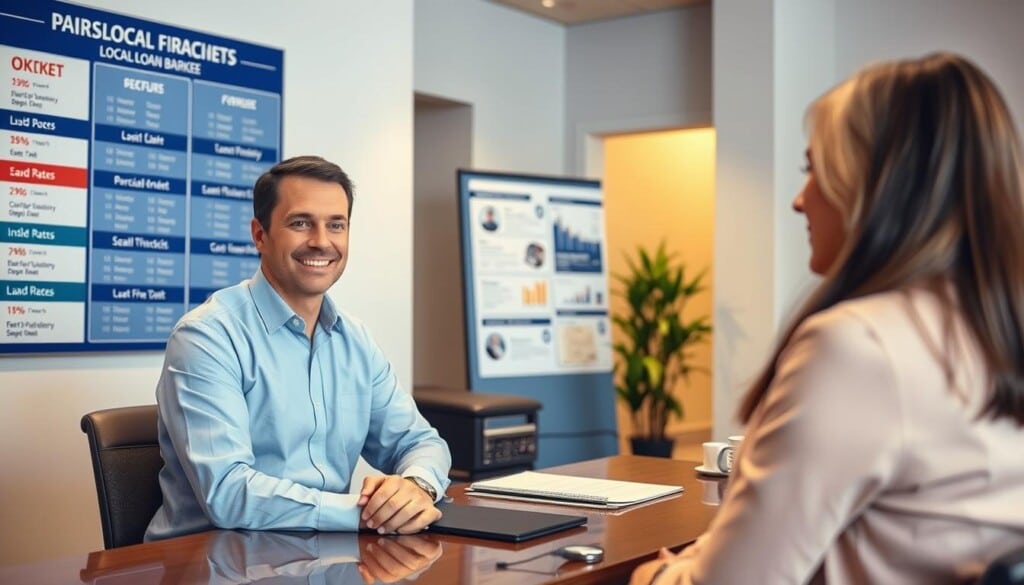 A well-lit office interior, featuring a professional local loan broker sitting at a desk, providing personalized financial advice to a client. In the background, a display board showcases various loan products and interest rates. The broker's expression conveys trustworthiness and expertise, while the client appears engaged and satisfied. Soft, warm lighting creates a welcoming atmosphere, highlighting the broker's accessibility and the client's confidence in their local financial partner.