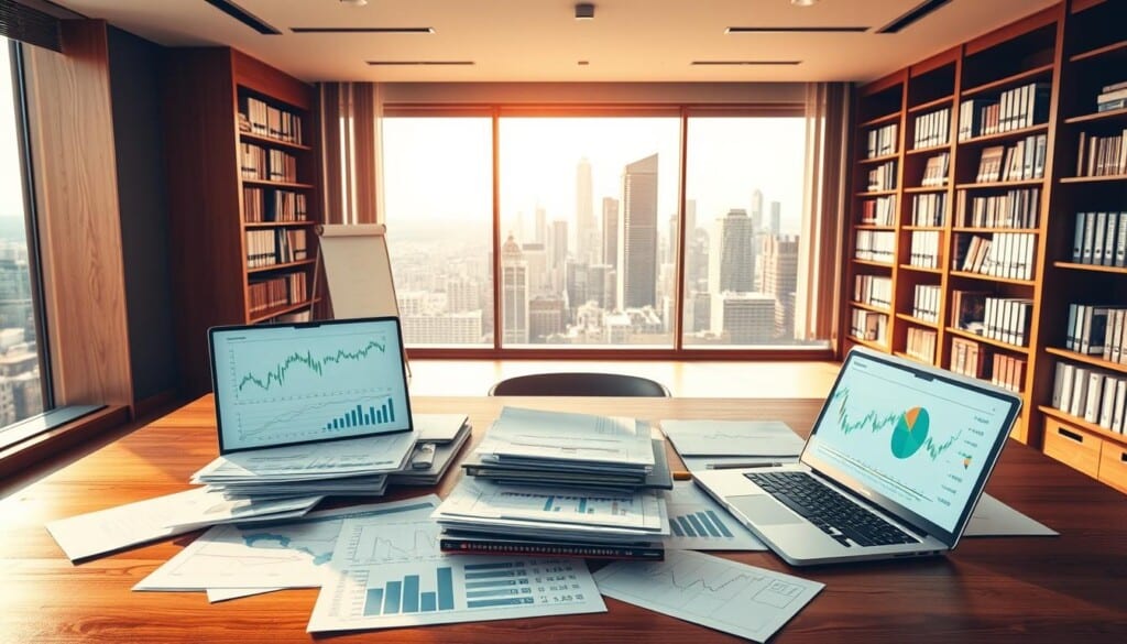 A well-lit office interior, with a large wooden desk in the foreground showcasing an array of financial documents, charts, and a laptop displaying market analysis. The middle ground features shelves filled with books and binders, conveying a sense of diligent research. In the background, a panoramic window overlooks a bustling city skyline, suggesting the broader investment landscape. The lighting is warm and inviting, creating a professional yet contemplative atmosphere. The overall composition emphasizes the thoughtful, analytical nature of market research and investment opportunities.
