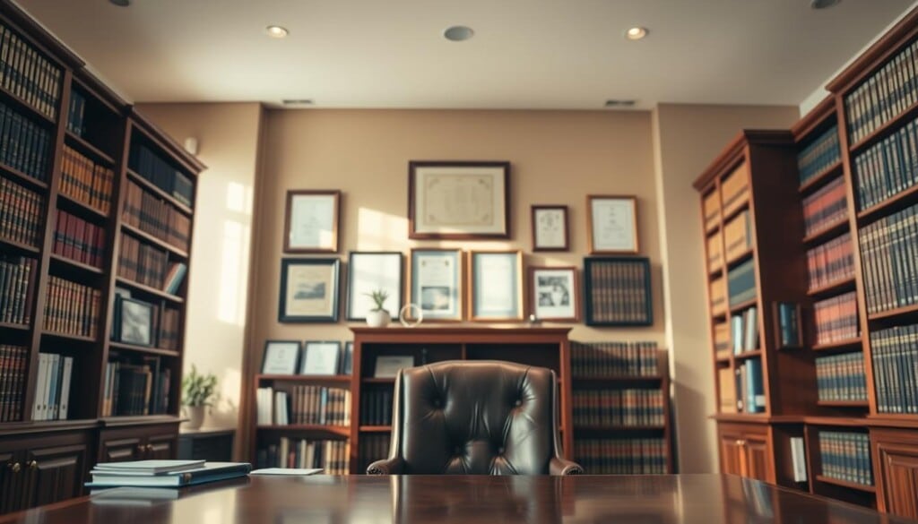 A well-lit office interior, with a mahogany desk and leather armchair in the foreground. Tall bookshelves line the walls, filled with legal tomes and documents. Framed certificates and awards hang in the background, conveying a sense of professionalism and expertise. Soft, diffused lighting creates a warm, authoritative atmosphere, reflecting the gravity of legal compliance. The room's architecture features tall windows, allowing natural light to stream in and illuminate the space. The overall impression is one of order, diligence, and the careful adherence to rules and regulations.