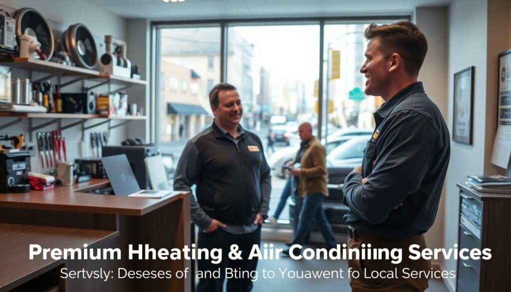 A well-lit office interior with a reception desk and shelves displaying various HVAC equipment and tools. Behind the desk, a large window overlooking a bustling city street, with pedestrians and cars visible outside. In the foreground, a professional-looking HVAC technician is engaged in a friendly conversation with a customer, discussing the services offered. The mood is professional yet welcoming, conveying the expertise and reliability of the local HVAC services. The overall scene reflects the subject of "Premium Heating & Air Conditioning Services" and the section title "Benefits of Using LocalZ for Local Services".