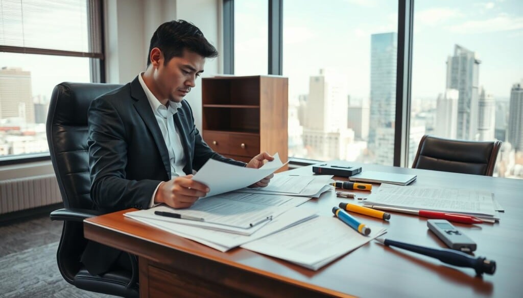 A well-lit office interior with a wooden desk and chairs, a large window overlooking a cityscape in the background. On the desk, various inspection-related documents and tools are arranged neatly. A person, dressed professionally, is seated at the desk intently reviewing paperwork, with a focused expression on their face. The atmosphere conveys a sense of diligence and attention to detail, reflecting the importance of choosing the right inspection service.