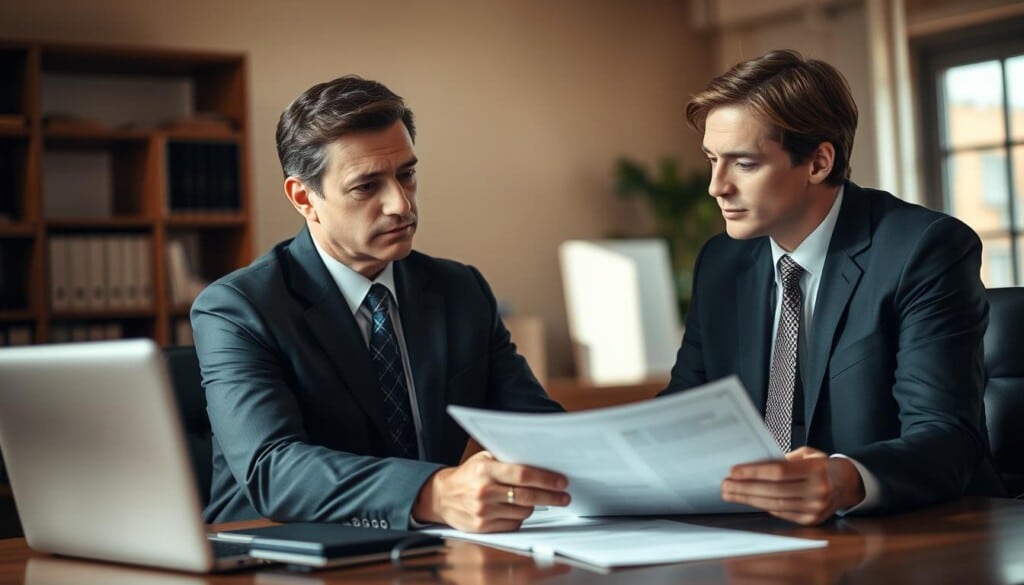 A well-lit office setting with a bankruptcy attorney sitting at a desk, consulting with a client. The attorney has a serious, professional demeanor, wearing a dark suit and tie. The client, dressed in casual attire, looks concerned as they review financial documents together. Soft natural lighting filters through a window, casting a warm glow on the scene. The background is slightly blurred, suggesting a calm, focused atmosphere conducive to an important legal discussion. The overall mood conveys the gravity of the situation, but also a sense of trust and guidance provided by the experienced bankruptcy lawyer.