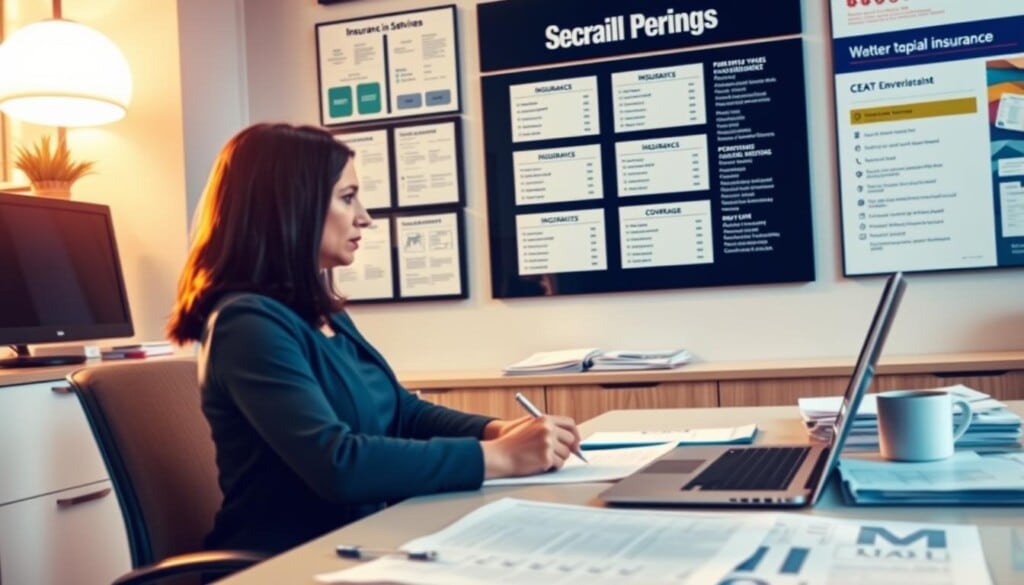 A well-lit office setting with a desk, laptop, and various insurance-related documents neatly arranged. In the foreground, a person sits at the desk, focused on filling out an insurance application form. Behind them, a wall-mounted display showcases various insurance plans and coverage options. The lighting is warm and inviting, creating a sense of professionalism and attention to detail. The overall atmosphere conveys the trust and care associated with the insurance acquisition process.