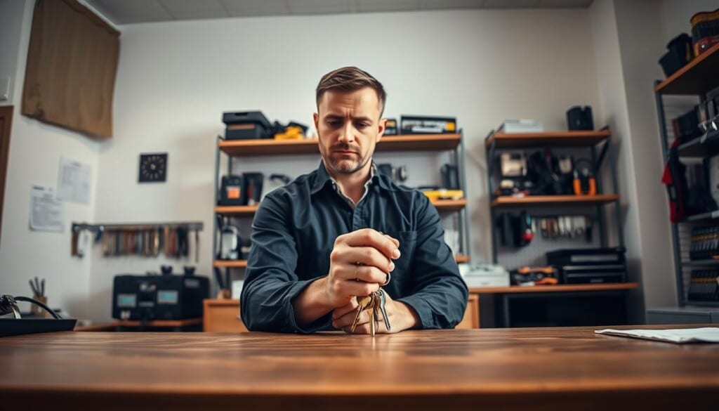 A well-lit office space, with a wooden desk and a professional-looking locksmith standing behind it, examining a set of keys. The locksmith wears a crisp uniform and has a thoughtful expression, conveying expertise and reliability. In the background, shelves of locksmith tools and equipment suggest a thorough, well-stocked service. Soft, directional lighting casts subtle shadows, creating a sense of depth and professionalism. The overall atmosphere is one of trust, competence, and attention to detail, reflecting the importance of selecting a reliable locksmith.
