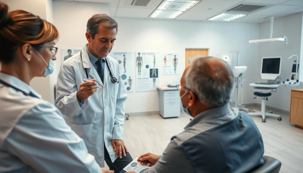 A well-lit orthopedic clinic interior, with a focus on the benefits of visiting an orthopedist. In the foreground, a patient receiving an examination from a caring, attentive orthopedist, showcasing their expertise and dedication. In the middle ground, informative visual aids and educational materials highlight common joint and bone conditions, as well as treatment options. The background features state-of-the-art medical equipment and a calming, professional atmosphere, conveying the advanced care and technology available. The overall scene exudes a sense of trust, comfort, and the positive impact an orthopedist can have on a patient's wellbeing and quality of life.