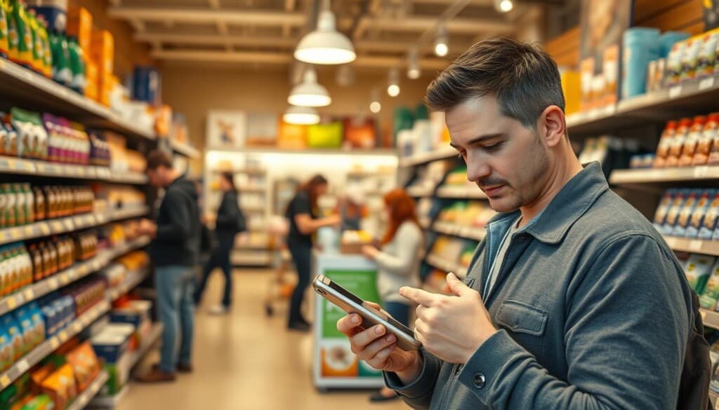 A well-lit pet store interior, with shelves and displays showcasing a variety of pet products. In the foreground, a customer is intently reading reviews on their smartphone, their expression reflecting the importance of online feedback. In the middle ground, other customers are browsing the selection, occasionally pausing to consult their devices. The background features store employees assisting customers, emphasizing the store's commitment to providing a positive shopping experience. The scene is captured with a shallow depth of field, keeping the customer in the foreground sharp while softening the background, conveying a sense of focus on the online review process. Warm, natural lighting illuminates the space, creating a welcoming and inviting atmosphere.