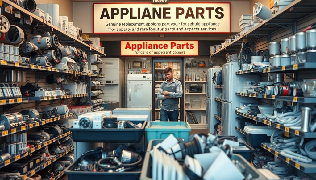 A well-lit, photorealistic display of a local appliance parts store, showcasing a diverse array of genuine replacement components for household appliances. In the foreground, various neatly organized shelves and bins contain a wide selection of parts, including motors, switches, hoses, and filters. The middle ground features a knowledgeable store employee assisting a customer in finding the perfect part for their specific appliance model. The background sets the scene with a clean, inviting storefront and signage highlighting the store's commitment to providing quality parts and expert repair services. Warm, natural lighting and a subtle depth of field create a welcoming, professional atmosphere.