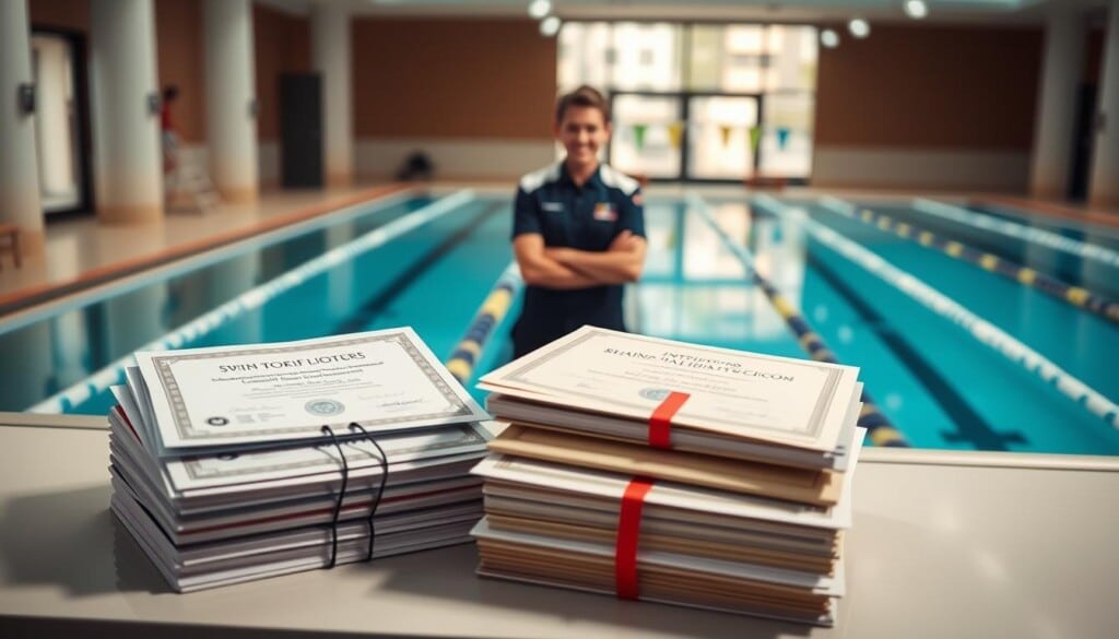 A well-lit, professional-looking image of instructor qualifications. In the foreground, a stack of certifications, diplomas, and awards displayed on a sleek, minimalist desk. In the middle ground, a person in a swimming instructor's uniform, standing with confidence and authority. In the background, a serene, indoor swimming pool with clear blue water and modern, architectural details. The lighting is soft and flattering, creating a sense of expertise and credibility. The overall tone is one of competence, trust, and the importance of experienced, qualified instructors for swimming lessons.