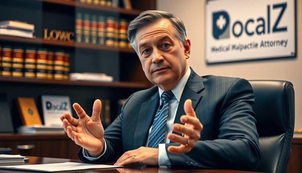 A well-lit, professional office setting with a distinguished-looking man in a suit seated at a desk, confidently gesturing while engaged in conversation. The man's expression conveys expertise and trustworthiness. In the background, shelves of law books and subtle branding for "LocalZ Medical Malpractice Attorney" are visible, establishing the context. The scene is captured with a slightly elevated camera angle, creating an impression of authority and competence. Warm, neutral tones and soft lighting contribute to an atmosphere of professionalism and reliability.