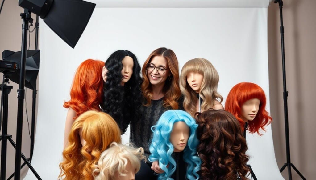 A well-lit, professional photography studio with a softbox lighting setup, capturing a stylish woman in her mid-30s experimenting with a variety of colorful wigs. The woman is seated in front of a plain white backdrop, intently focused on arranging the wigs and evaluating their fit and appearance. The scene conveys a sense of creativity, self-expression, and the joy of customizing one's look through wigs. The image highlights the versatility and popularity of wig customization as a growing trend in the beauty industry.