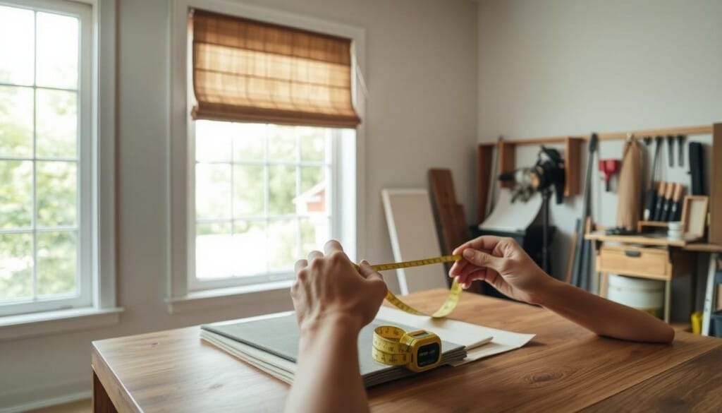 A well-lit room with a large window, natural sunlight streaming in. On a wooden table, a tape measure and a set of fabric samples in various shades and patterns, neatly arranged. In the foreground, hands carefully measuring the window frame, ensuring precise measurements for a perfect fit. The background shows various tools and supplies related to window treatments, creating a sense of a dedicated workspace for this task. The overall mood is one of focus, attention to detail, and a desire to find the ideal solution for the home's style and needs.