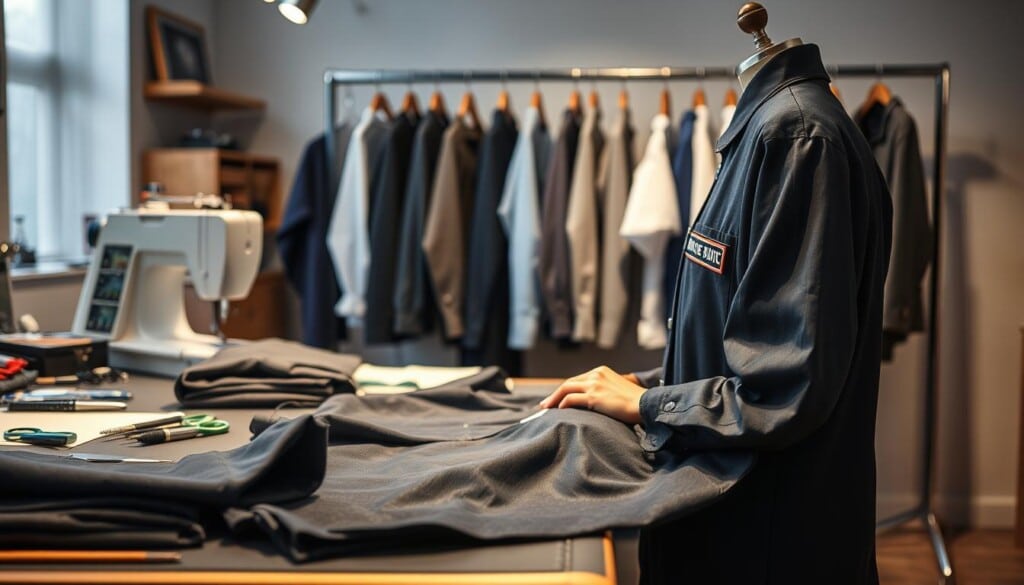 A well-lit scene depicting the customization of a professional uniform. In the foreground, a tailor's work desk displays an assortment of sewing tools, fabric swatches, and a partially completed uniform garment. The middle ground showcases a seamstress carefully stitching a custom patch or embroidery onto the uniform, the fabric's texture and folds rendered in exquisite detail. In the background, a rack of various uniform styles and colors stands ready for personalization, suggesting the wide range of customization options available. Soft, directional lighting illuminates the scene, creating a warm, inviting atmosphere that emphasizes the craftsmanship and attention to detail inherent in the uniform customization process.