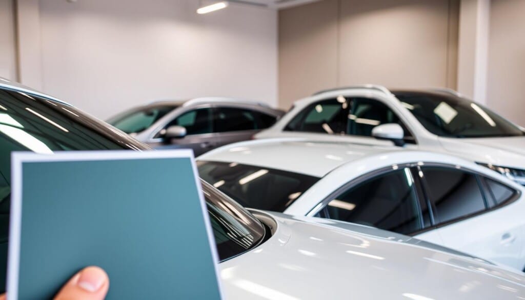 A well-lit showroom displaying a variety of car window tinting options, with pristine vehicles showcasing different tint colors and levels of opacity. The foreground features close-up samples of tinted glass, highlighting the range of shades, from light to dark. The middle ground shows a sedan and an SUV, their windows tinted to varying degrees, allowing viewers to compare the visual effects. In the background, a neutral-colored wall creates a clean, professional backdrop, emphasizing the sleek, modern aesthetic of the tinting solutions. Subtle reflections and highlights on the glass surfaces convey the high-quality craftsmanship and attention to detail.