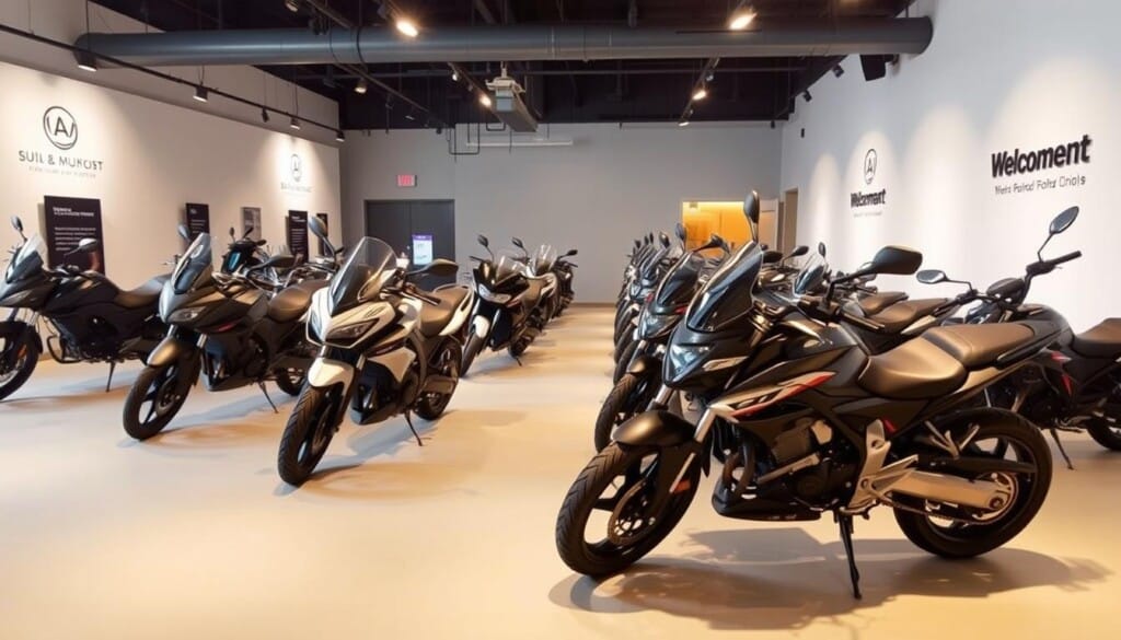 A well-lit showroom displaying an array of sleek, modern motorcycles in various styles and colors, arranged in an inviting display. The bikes are positioned against a clean, minimalist backdrop, with subtle branding and signage hinting at a professional rental service. Soft, warm lighting illuminates the scene, creating a sense of welcoming and excitement. The motorcycles are positioned at various angles, showcasing their dynamic shapes and features, inviting the viewer to imagine themselves embarking on an adventurous ride. The overall atmosphere conveys a balance of sophistication and adventure, perfectly suited for an article on the best motorcycle rental options.