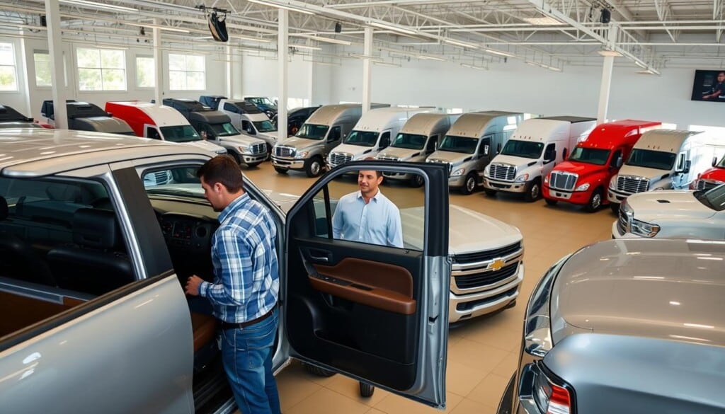 A well-lit showroom with a lineup of various makes and models of trucks, showcasing their distinctive features and capabilities. In the foreground, a prospective buyer examines the interior of a mid-size pickup truck, carefully considering the layout and amenities. In the middle ground, a friendly sales representative engages the customer, guiding them through the selection process. The background is filled with a range of truck sizes, from compact utility vehicles to heavy-duty commercial rigs, all meticulously maintained and displayed in a clean, organized manner. The overall atmosphere is one of professionalism, expertise, and a desire to help the customer find the perfect truck for their needs.
