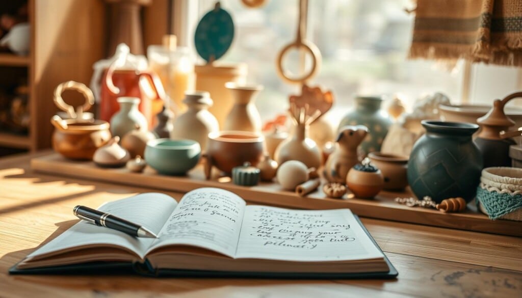 A well-lit, softly-focused image showcasing various handcrafted items and product reviews. In the foreground, an open notebook with handwritten notes and a pen sits atop a wooden surface, conveying a sense of authenticity and personal evaluation. In the middle ground, an assortment of artisanal goods, such as ceramics, textiles, and small trinkets, are arranged in a visually appealing manner, highlighting their unique craftsmanship. The background features a warm, natural lighting that casts a gentle glow, creating a cozy and inviting atmosphere. The overall composition emphasizes the thoughtful and curated nature of the craft shop reviews, guiding the viewer's attention to the details and quality of the featured products.