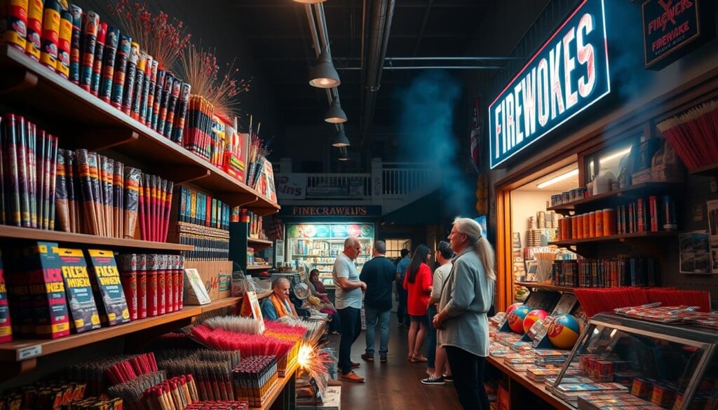 A well-lit, spacious firecracker shop with a vibrant and lively atmosphere. The foreground features an impressive display of colorful fireworks, sparklers, and roman candles neatly arranged on wooden shelves. In the middle ground, a group of customers examines the merchandise, while an attentive shopkeeper assists them. The background showcases the shop's exterior, with a classic storefront and a prominent neon sign illuminating the night sky. The lighting is warm and inviting, creating a sense of excitement and anticipation for the upcoming festivities. The overall scene captures the spirit of a thriving fireworks emporium, ready to provide customers with a spectacular pyrotechnic experience.