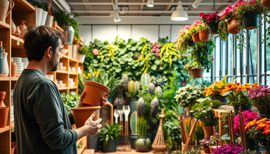A well-lit, spacious home and garden store, its shelves brimming with an array of carefully curated products. In the foreground, a customer examines a terracotta pot, contemplating its potential to elevate their outdoor oasis. The middle ground showcases a diverse selection of gardening tools, their handles gleaming under the soft, diffused lighting. In the background, a wall of vibrant plants and flowers beckons, their lush foliage creating a serene, inviting atmosphere. The overall scene conveys a sense of thoughtful curation, where the customer can effortlessly navigate and discover the perfect items to enhance their living space.