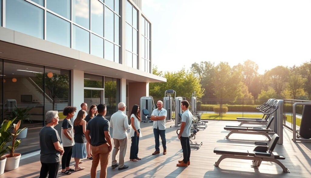 A well-lit, spacious physical therapy clinic nestled in a bustling urban neighborhood. The exterior features a modern facade with large windows, allowing natural light to pour in. In the foreground, a diverse group of patients are consulting with attentive physical therapists, discussing their treatment options. The middle ground showcases a state-of-the-art rehabilitation gymnasium, equipped with the latest exercise machines and equipment. The background depicts a serene, park-like setting, providing a calming ambiance for the clinic's patients. The overall atmosphere conveys a sense of professionalism, comfort, and a dedication to personalized care.