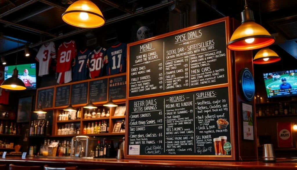 A well-lit sports bar interior with a prominent bar counter, featuring a chalkboard menu showcasing the daily specials. On the menu, detailed descriptions of delectable dishes and refreshing beverages, accompanied by tempting imagery. The bar is adorned with sports memorabilia, from team jerseys to signed photographs, creating an immersive and energetic atmosphere. The lighting is a mix of warm, inviting overhead fixtures and strategically placed spotlights, drawing attention to the menu and creating a cozy, welcoming ambiance. The background is slightly blurred, emphasizing the focal point of the bar and its offerings.