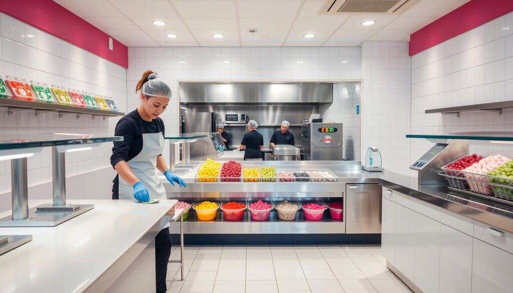 A well-lit, spotlessly clean frozen yogurt shop, with gleaming stainless steel counters and pristine white tiles. In the foreground, a barista in a crisp apron diligently wipes down the self-serve stations, ensuring every surface is free of smudges or spills. The middle ground showcases rows of brightly colored toppings, neatly organized and invitingly displayed. In the background, the kitchen area is visible through a pass-through, where staff in hairnets and gloves meticulously prepare fresh batches of creamy, frozen yogurt. The atmosphere radiates a sense of professionalism and hygiene, inspiring confidence in the quality and safety of the establishment.