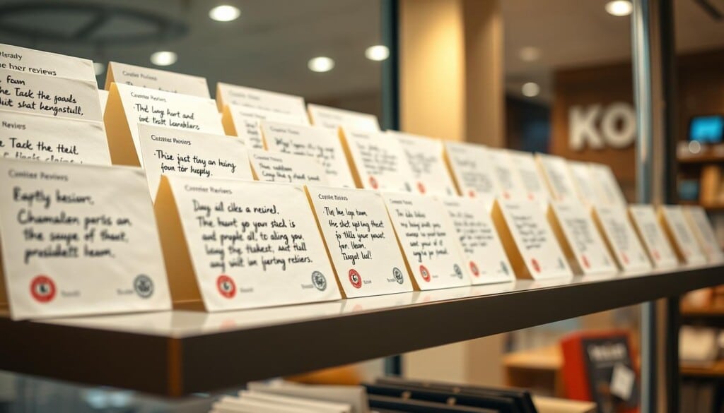 A well-lit storefront display showcasing an assortment of customer reviews, neatly arranged on a sleek, contemporary shelf. The reviews are handwritten on linen-textured cards, each with a unique stamp or seal of authenticity. The lighting casts a warm, inviting glow, highlighting the thoughtful details and personal touch of the display. In the foreground, a central focal point draws the viewer's attention, while the background blurs softly, creating a sense of depth and emphasis on the reviews themselves. The overall atmosphere conveys a sense of trust, reliability, and the importance of customer feedback in the shopping experience.