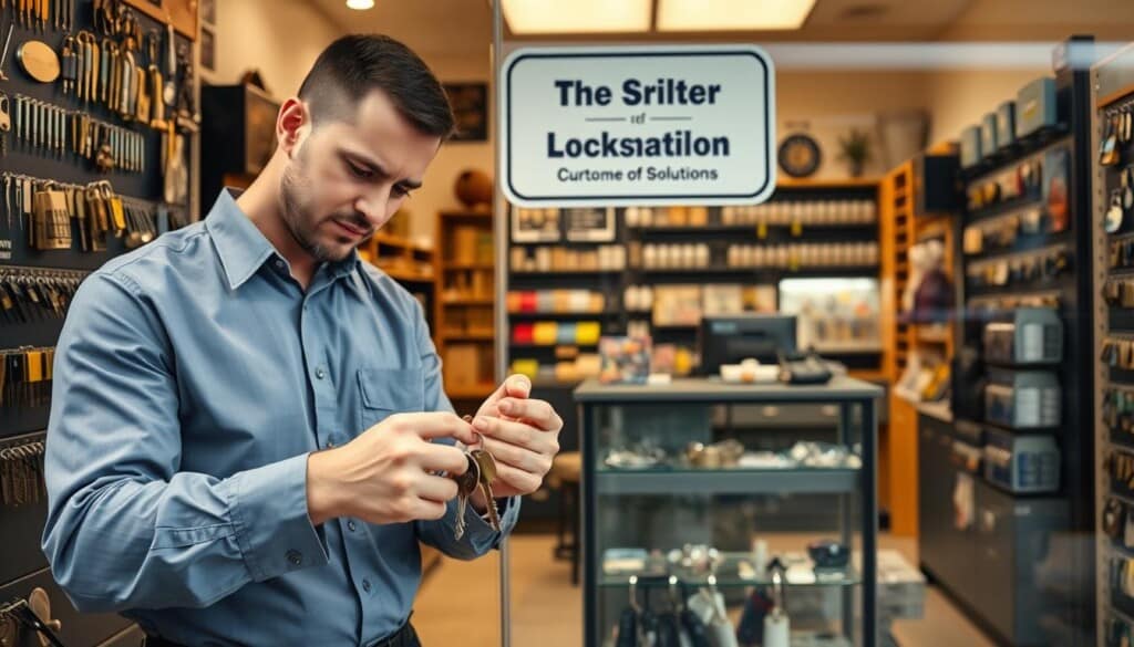 A well-lit storefront showcasing the services of a trusted local locksmith. In the foreground, a skilled locksmith in a crisp uniform carefully inspects a set of keys, conveying professionalism and expertise. The middle ground features an array of locksmithing tools and a display of various lock types, highlighting the breadth of solutions available. In the background, the interior of the shop is visible, with shelves of spare parts and a welcoming customer service area. The overall scene emanates a sense of reliability, attention to detail, and a commitment to providing personalized, community-focused locksmith services.