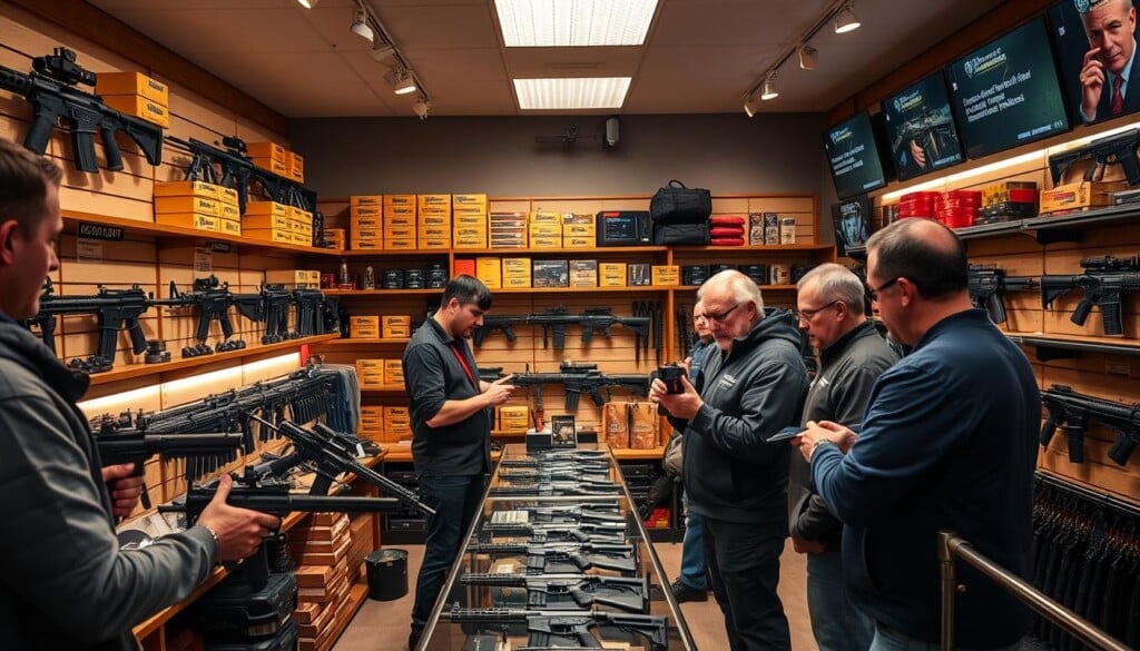 A well-lit storefront with an expertly curated selection of firearms and accessories. Customers examine sleek handguns and sturdy rifles with attentive expressions, discussing features and pricing with knowledgeable staff. Shelves are stocked with pristine ammunition boxes and tactical gear, while product reviews are showcased on digital displays. The atmosphere is professional yet welcoming, inviting discerning gun enthusiasts to discover their next prized possession. Subtle lighting casts a warm glow, highlighting the high-quality craftsmanship of the firearms on display.