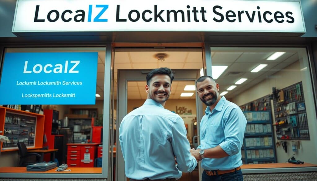 A well-lit storefront with the sign "LocalZ Locksmith Services" prominently displayed on the facade. The entrance is inviting, with a professional, trustworthy atmosphere. The interior is visible through large windows, showcasing a neatly organized workspace with a variety of locksmith tools and equipment. In the foreground, a locksmith in a clean uniform is assisting a customer, exuding a sense of competence and reliability. The scene is captured with a wide-angle lens, highlighting the overall professionalism and attention to detail of the locksmith business.