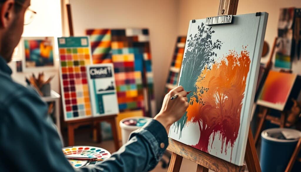 A well-lit studio filled with the tools of the trade: paintbrushes, palettes, and a half-finished canvas on an easel. In the foreground, a skilled painter carefully applies layers of vibrant acrylic paint, their brush strokes capturing the essence of the scene. The middle ground showcases an array of color samples and reference materials, hinting at the meticulous planning behind the creative process. The background fades into a soft, warm-toned ambiance, reflecting the focus and dedication of the artist at work. The overall atmosphere conveys the passion and expertise involved in the painting process, ready to be captured and shared with the viewer.