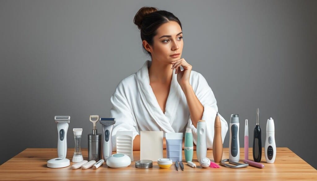 A well-lit studio scene showcasing a woman thoughtfully examining different hair removal tools and methods. In the foreground, an array of products including electric razors, waxing strips, tweezers, and epilators are neatly arranged on a minimalist wooden table. The woman, wearing a soft white robe, sits at the table, her expression contemplative as she considers the pros and cons of each option. Behind her, a neutral gray backdrop creates a calming, focused atmosphere, drawing the viewer's attention to the decision-making process. The lighting is soft and even, accentuating the textures of the hair removal tools and the woman's skin. The composition is balanced, with the woman positioned slightly off-center to create visual interest.