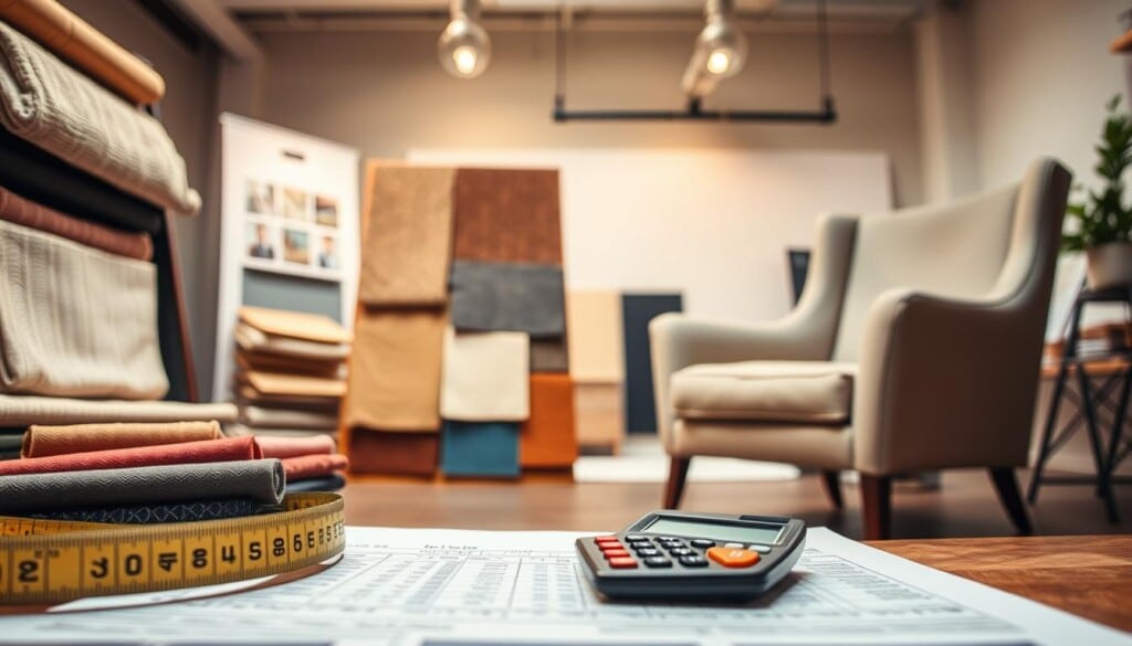 A well-lit studio setting featuring various fabric swatches, color palettes, and a detailed cost breakdown for furniture reupholstery services. In the foreground, a tape measure and calculator symbolize the meticulous process of estimating expenses. The middle ground showcases fabric samples in a range of textures and hues, highlighting the diversity of options available. In the background, a sleek, modern armchair serves as a canvas for the reupholstery possibilities. Warm, natural lighting illuminates the scene, creating a professional, yet inviting atmosphere that emphasizes the expertise and care required for successful furniture revitalization.