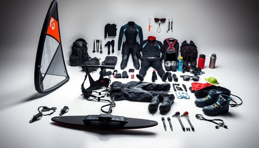 A well-lit studio shot featuring an assortment of essential kiteboarding gear laid out on a clean, reflective surface. In the foreground, a kite, harness, and control bar stand prominently, their sleek, high-tech designs accentuated by dramatic lighting. In the middle ground, a wetsuit, gloves, and booties are arranged neatly, showcasing the range of protective equipment needed. The background features a selection of smaller accessories like sunglasses, water bottles, and safety whistles, all bathed in a soft, even light to create a cohesive, professional-grade composition. The overall mood is one of technical precision and adventurous preparedness, reflecting the essential nature of this specialized gear.