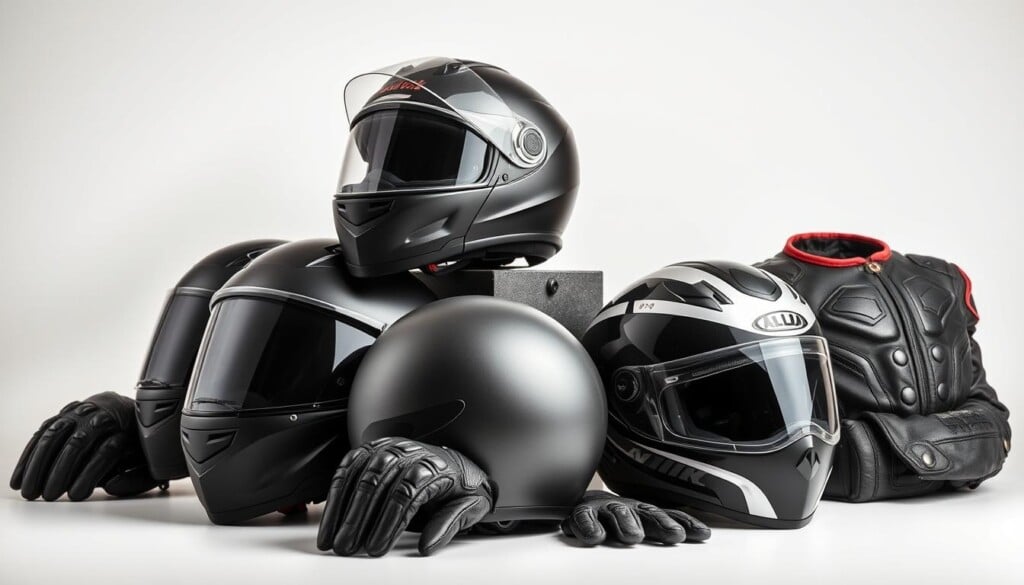 A well-lit studio shot of an assortment of high-quality motorcycle helmets and protective gear, including a sleek full-face helmet, a modular helmet, a classic open-face helmet, a pair of durable leather gloves, and a reinforced motorcycle jacket with CE-certified armor panels. The helmets are positioned prominently in the foreground, with the other gear items arranged around them in a visually appealing and organized manner. The lighting is soft and flattering, accentuating the textures and colors of the various materials. The overall mood is one of premium quality, safety, and style, reflecting the needs of discerning motorcycle enthusiasts.