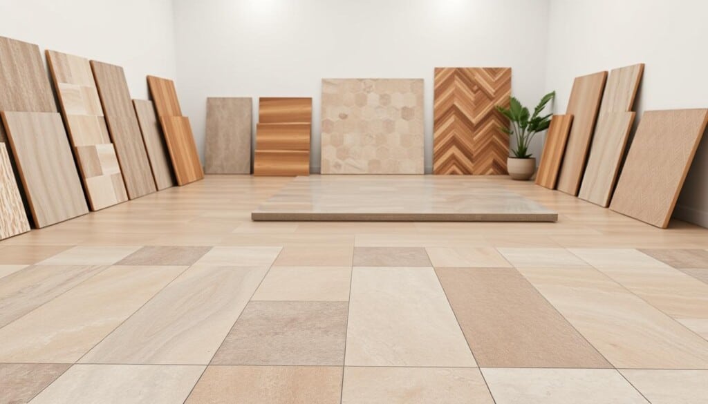 A well-lit studio space showcasing an array of practical flooring tiles. In the foreground, a selection of durable, textured tiles in neutral tones like beige, gray, and taupe are displayed, highlighting their realistic, natural finish. In the middle ground, additional tile options in various shapes and patterns, such as hexagonal, herringbone, and large-format square tiles, are arranged to demonstrate versatile layout possibilities. The background features a minimalist interior setting with clean white walls, allowing the tile samples to take center stage. Soft, even lighting accentuates the tiles' subtle sheen and tactile qualities, conveying a sense of quality and sophistication suitable for elegant home interiors.