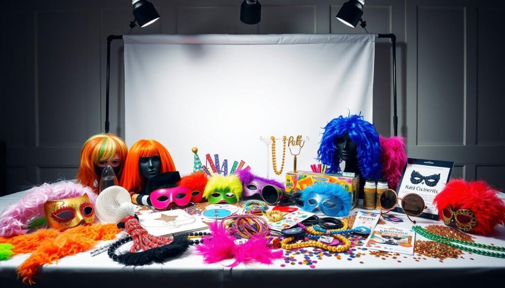 A well-lit, stylish table showcasing the essential costume party supplies. In the foreground, an assortment of colorful wigs, masks, and accessories arranged artfully. In the middle ground, an array of themed props and decorations like feather boas, beaded necklaces, and glittery confetti. The background features a chic, minimalist setting with a clean white backdrop, allowing the vibrant costume elements to take center stage. The overall mood is festive, whimsical, and inviting, capturing the spirit of a captivating costume party.
