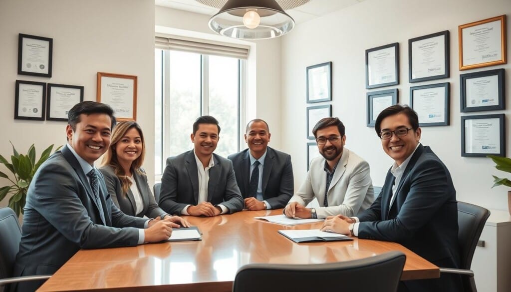 A well-lit, sunny office setting with a team of professional real estate brokers gathered around a conference table, engaged in a lively discussion. Their expressions convey expertise, confidence, and a genuine desire to assist clients. The brokers are smartly dressed in business attire, with a mix of ages and ethnicities represented, reflecting the diversity of the real estate industry. In the background, framed certificates and awards adorn the walls, showcasing their credentials and achievements. The overall atmosphere is one of trust, competence, and a commitment to providing exceptional service to home buyers and sellers.