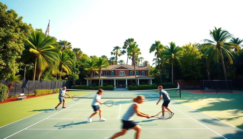 A well-lit, sunny outdoor tennis court surrounded by lush green foliage and towering palm trees. The court has a pristine hard-court surface with crisp white lines. In the foreground, a group of players engaged in a spirited match, their rackets a blur as they return the bright yellow tennis ball. In the middle ground, the clubhouse comes into view, a stately brick building with a covered veranda overlooking the courts. In the background, a row of well-maintained clay courts and a children's play area can be seen. The scene exudes a sense of activity, community, and the joy of the sport.