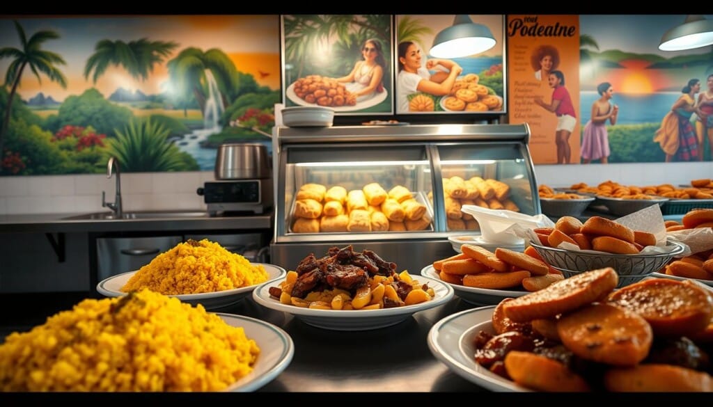 A well-lit takeout counter showcases an array of traditional Puerto Rican dishes. In the foreground, steaming platters of yellow rice with pigeon peas, tender pernil (roast pork), and crisp tostones (fried plantains) sit invitingly. In the middle ground, a glass display case presents tempting pastelillos (turnovers) and empanadillas (meat-filled pastries). The background features vibrant murals depicting lush tropical landscapes and lively cultural celebrations. Soft, warm lighting casts a welcoming glow over the scene, hinting at the authentic flavors and rich heritage of Puerto Rican cuisine.