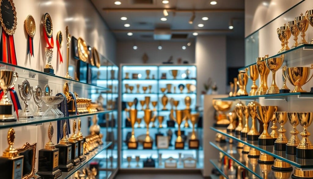 A well-lit trophy shop interior, showcasing an array of gleaming awards and trophies on sleek glass shelves. The foreground features thoughtfully arranged accolades, ribbons, and engraved plaques, while the middle ground displays a range of trophy styles, from classic gold cups to modern geometric designs. The background reveals a warm, inviting atmosphere with soft lighting and a subtle, professional ambiance, creating an atmosphere of quality craftsmanship and customer satisfaction.