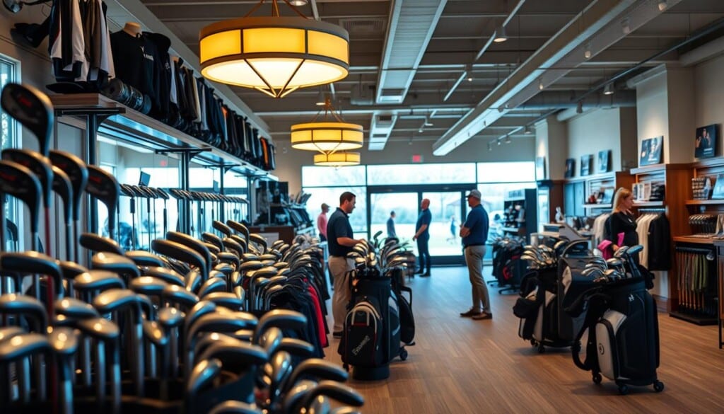 A well-lit, upscale golf gear shop with a warm, inviting ambiance. The foreground features an elegant display of premium clubs, bags, and accessories arranged in a visually striking manner. The middle ground showcases a knowledgeable sales associate assisting a customer, highlighting the personal service and expertise available. In the background, a spacious showroom with high ceilings, natural lighting, and a carefully curated selection of the latest golfing equipment and apparel. The overall atmosphere conveys a sense of luxury, professionalism, and a deep commitment to providing golfers with the finest gear and exceptional customer experience.