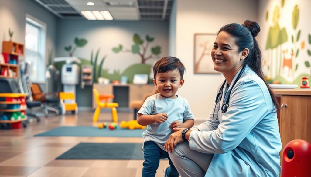 A well-lit, warm and inviting pediatric healthcare setting. In the foreground, a friendly pediatrician kneeling down, smiling and engaging with a curious young patient. The middle ground features a cheerful waiting area with colorful toys, books, and comfortable seating for families. The background showcases modern medical equipment and soothing nature-inspired wall art, creating a calming atmosphere. Soft, diffused lighting illuminates the scene, conveying a sense of care, education, and trust. The overall tone is one of reassurance and compassion, reflecting the section's focus on empowering parents to understand their children's health.