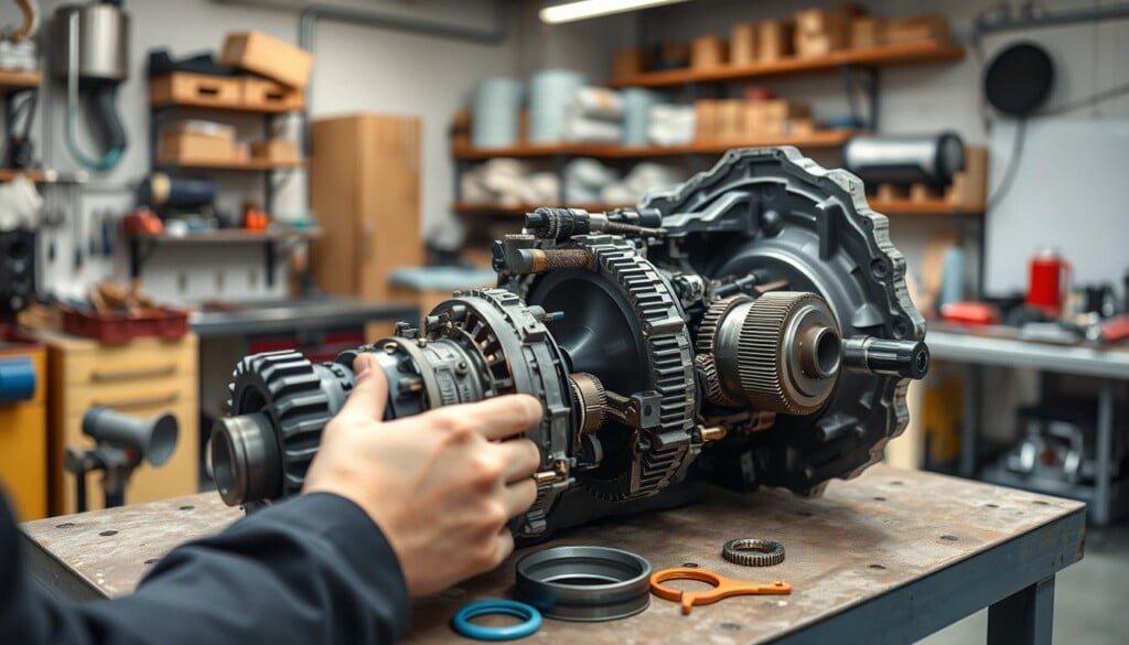 A well-lit workshop interior with a transmission disassembled on a sturdy workbench. In the foreground, a technician's hands carefully inspect and assess the components. Gears, shafts, and seals are neatly laid out, showcasing the intricate mechanisms. In the middle ground, specialized tools and diagnostic equipment are visible, indicating a thorough and methodical repair process. The background features shelves stocked with replacement parts, conveying the expertise and resources available to ensure a reliable transmission repair.